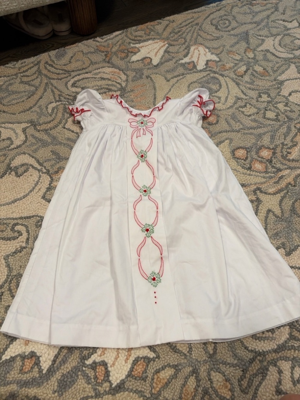 White Girls' Embroidered Christmas Formal Dress with Red Trim